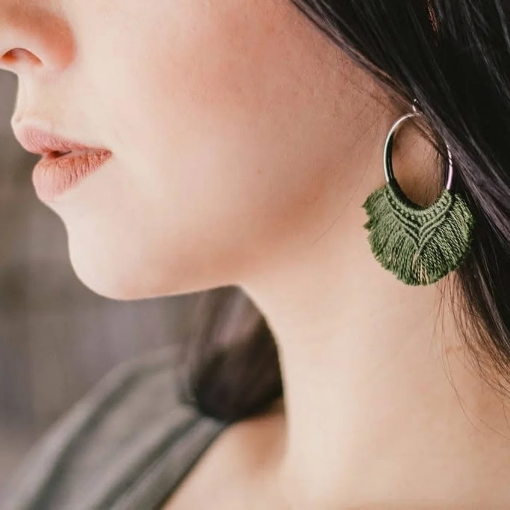 Boho Macrame Round Hoop Dangle Drop Earrings Silver OS Handcrafted